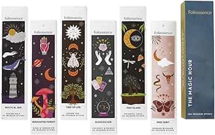 Folkulture Incense Sticks - Set of 6 Insenses (120 Insence Sticks) for Positive Aura - Coconut Mango, Oriental Aqua, Green Tea, Ocean Salt, Rose Geranium, Orange Blossom, Boho Gift Set, Magic Hour