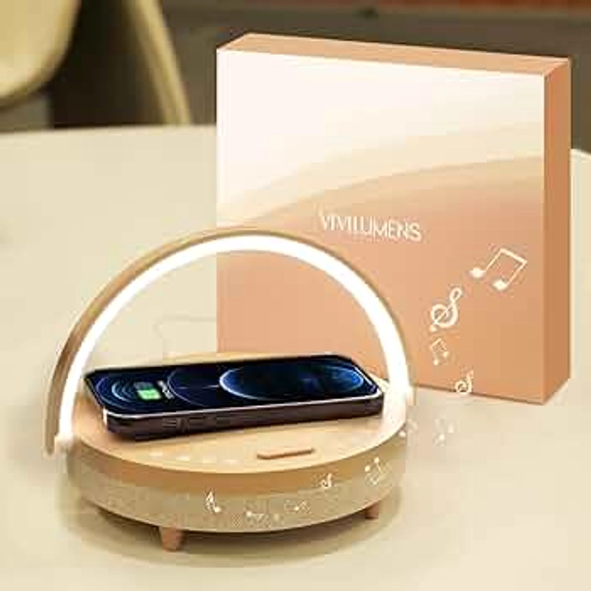 Vivilumens Birthday Gifts for Women, 5 in 1 Bedside Lamps with Wireless Charger Bluetooth Speaker White Noise Machine, Dimmable Touch lamp with Phone Holder, Personalized Night Light (Rosy Beige