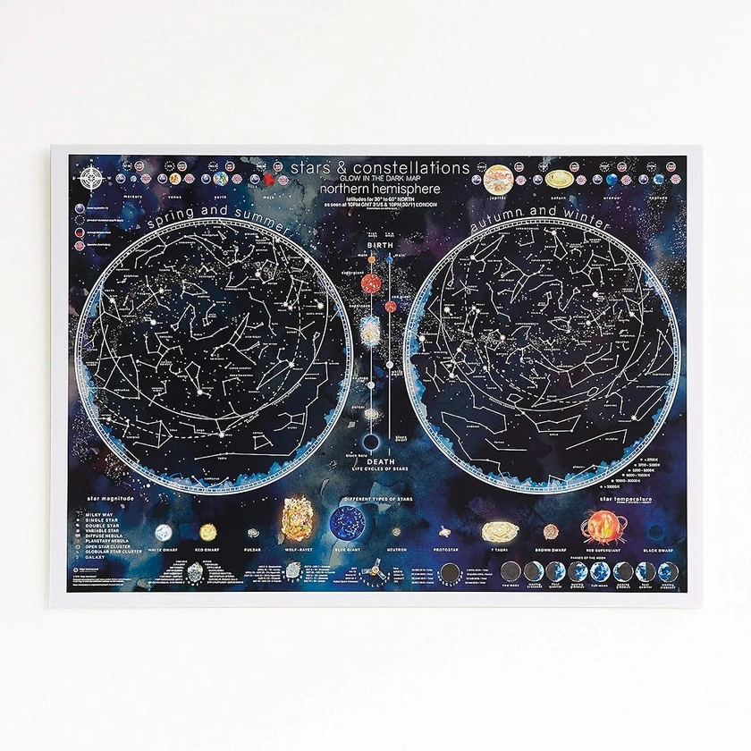 Carte des étoiles et des constellations phosphorescentes – Stargazers et ciel nocturne – 58,4 x 83,8 cm
