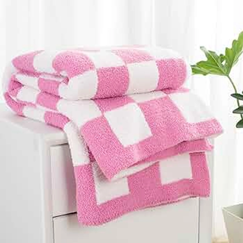 Ultra Soft Checkered Throw Blanket 50" X 60", Microfiber Fuzzy Fluffy Checkerboard Cute Preppy Plaid Pattern Knitted Blankets Cozy Plush Fall Throws for Couch Bed, Hot Pink