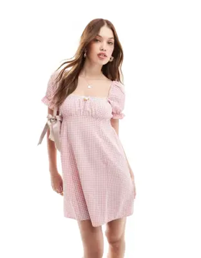 Miss Selfridge lace trim mini dress in pink gingham | ASOS