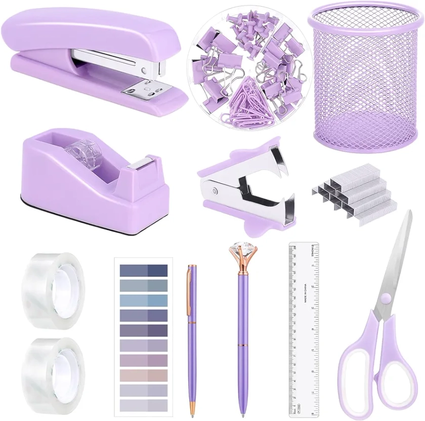 13 in 1 Purple Gift Office Supplies Set, Purple Stapler and Tape Dispenser Desk Accessories for Women with Stapler,Tape Dispenser,1000 Staple,Pen Holder,Staple Remover,Clip,Ruler,Scissor, Tab,Tape,Pen