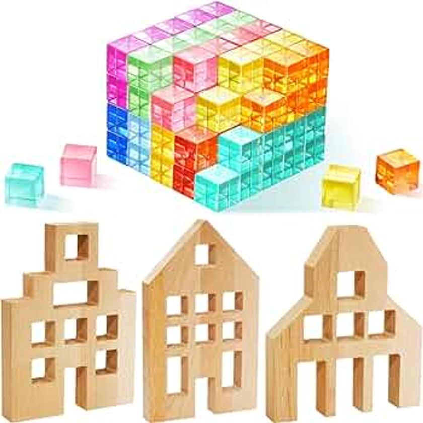 Meooeck 100 Pcs Rainbow Acrylic Cubes with 3 Wood House Blocks Crystal Rainbow Blocks for Boys Girls Baby Children Educational Sensory Toys Gifts for Christmas