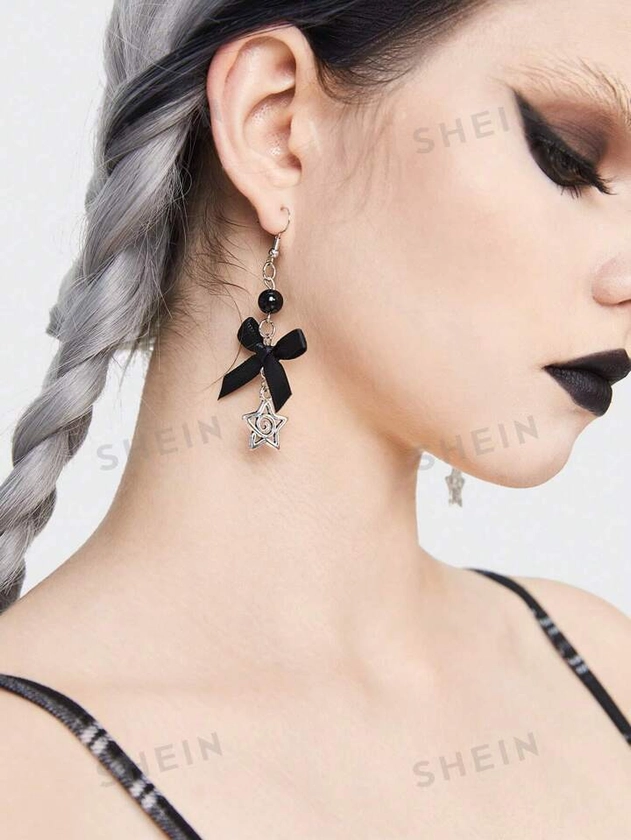 ROMWE Kawaii 1 par de pendientes colgantes con diseño de moño negro y pentagrama para mujer