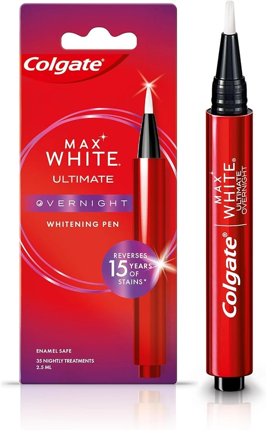 Colgate Max White Overnight Teeth Whitening Pen 2.5ml | Teeth Whitening Gel Reverses 15 Years of Stains* | Enough for 35 Nightly Treatments | Enamel Safe | Easy to Use | Whiter Teeth While You Sleep