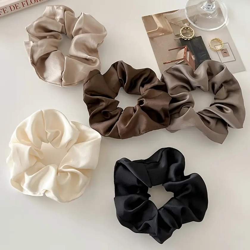 Set of 5 Vintage Elegant Solid Color Imitation Silk Hair Scrunchies for Women - Breathable, * Hair, High * Hair Ties in Neutral Shade