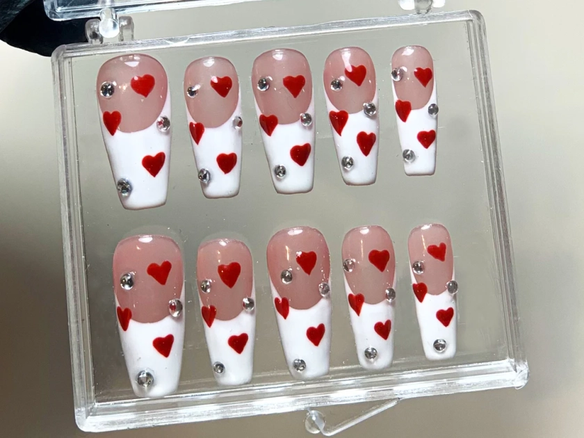 French Pink Press On Nails Adorned with Sweet Red Hearts and Shimmering Silver Charms | Valentine Nail Set | Y2k Nails | HC206T