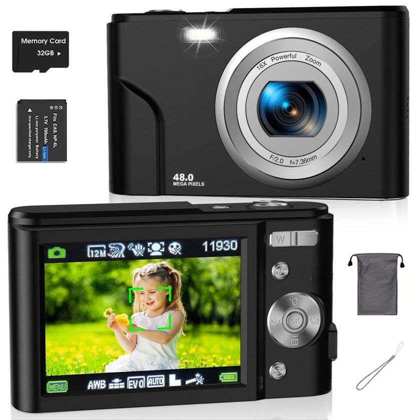 Auto Focus Digital Camera for Music Festival, 1 Piece Full HD 1080P/48MP Mini Digital Cameras with 32G Memory Card, Ff (F/3.2, f=7.36mm), 16x Zoom Cameras for Pictures, Digital Cameras for Teenagers Beginners, Spring Idea Gifts