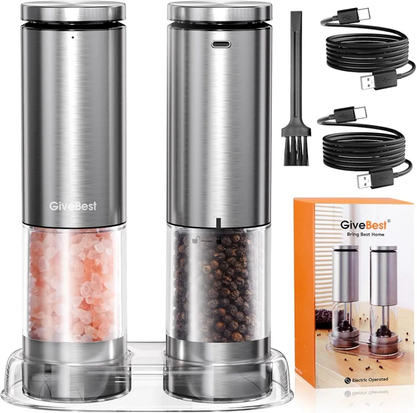 Upgraded Larger Capacity, GvieBest Electric Salt and Pepper Grinder Set Rechargeable, Stainless Steel Pepper and Salt Grinder Mill, Automatic Pepper Shakers with Adjustable Coarseness