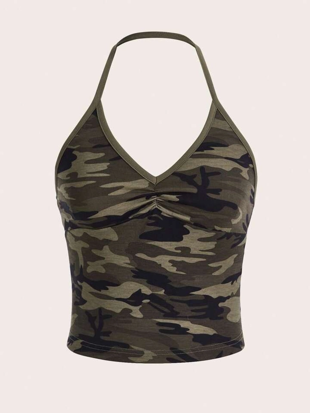 SHEIN EZwear Spring Camo Print Ruched Halter Top