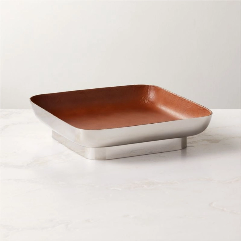 Mitri Stainless Steel and Brown Leather Decorative Tray | CB2