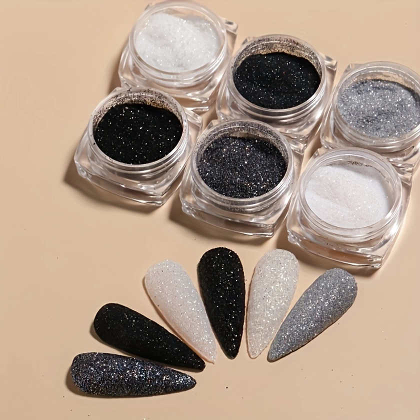 6 pcs Black White Silvery Nail Art Glitter Powder Set - Micro Sand Shimmer Powder for Nail Pigment Dust and Decorations