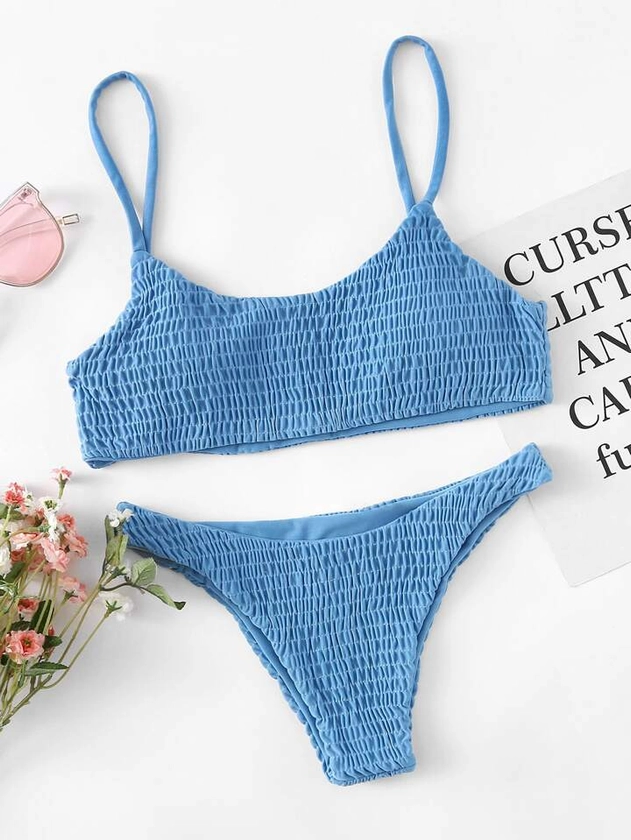 SHEIN Swim Basics Mono Bikini Set Smocked Cami Top & Cheeky Bottom 2 Piece Bathing Suit | SHEIN USA