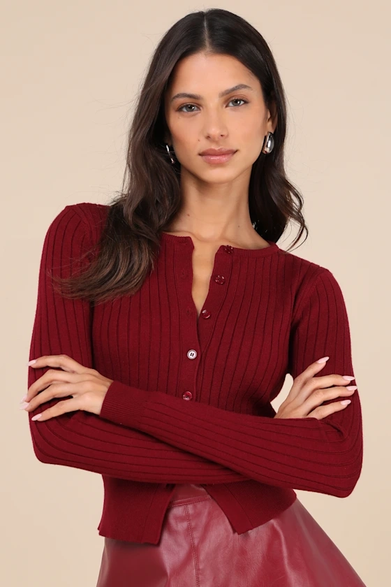 Perfect Classic Burgundy Cable Knit Cardigan Sweater