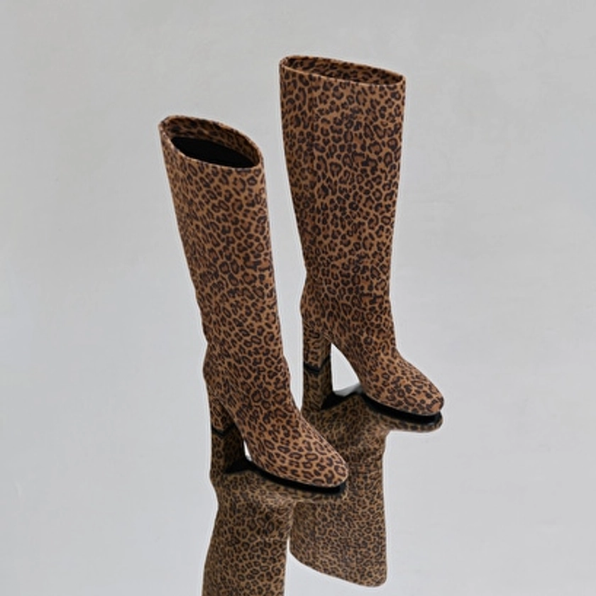 Bottes à talons et bouts pointus en velours léopard marron pour Femme | Jonak