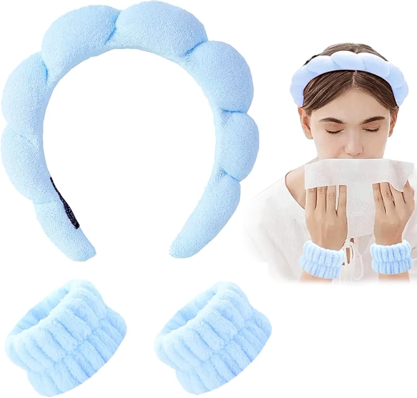 Headband and Wristband Set, 3 PCS Skincare Headband and Wristbands, Spa Headband, Makeup Headband, Bubble Headband, Skincare Wristbands, for Face Washing, Makeup, Skincare (blue)