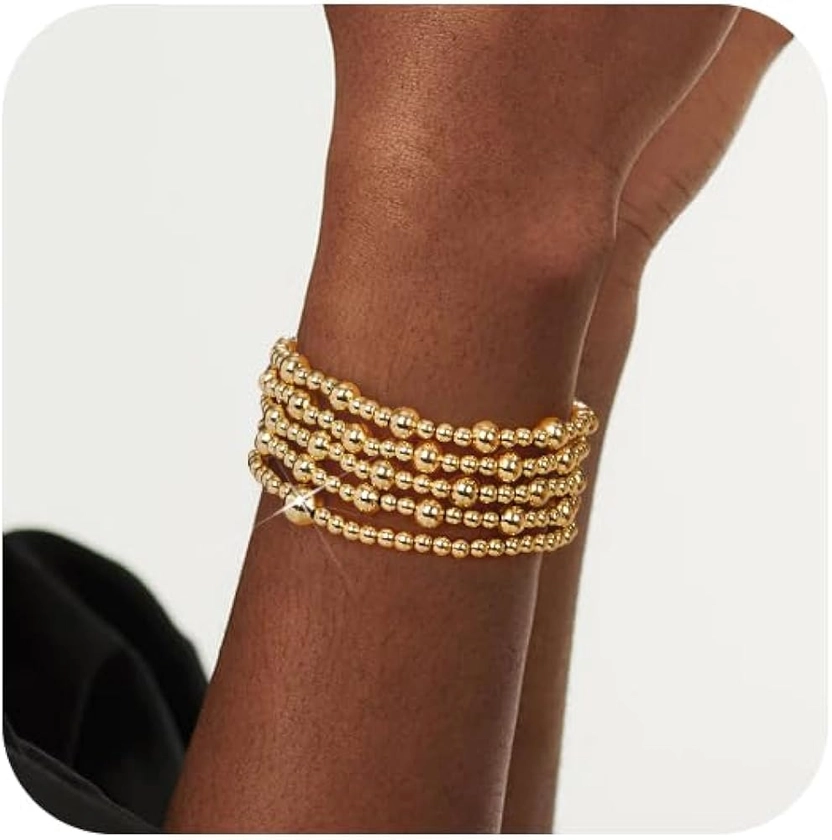 doubgood Gold Bracelets for Women Gold Beaded Bracelets for Women Gold Bracelet Stack 14K Gold Plated Stackable Stretch Bead Ball Bracelet Sets