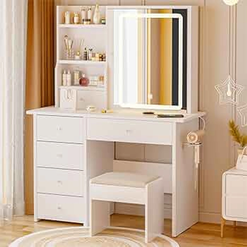 DYHOME Makeup Vanity Desk with Mirror and Lights & Charging Station, White Vanity Table with 6 Drawers, Jewelry Storage, Make Up Vanity Set for Bedroom Makeup Desk Stool Included, 3 Color Modes