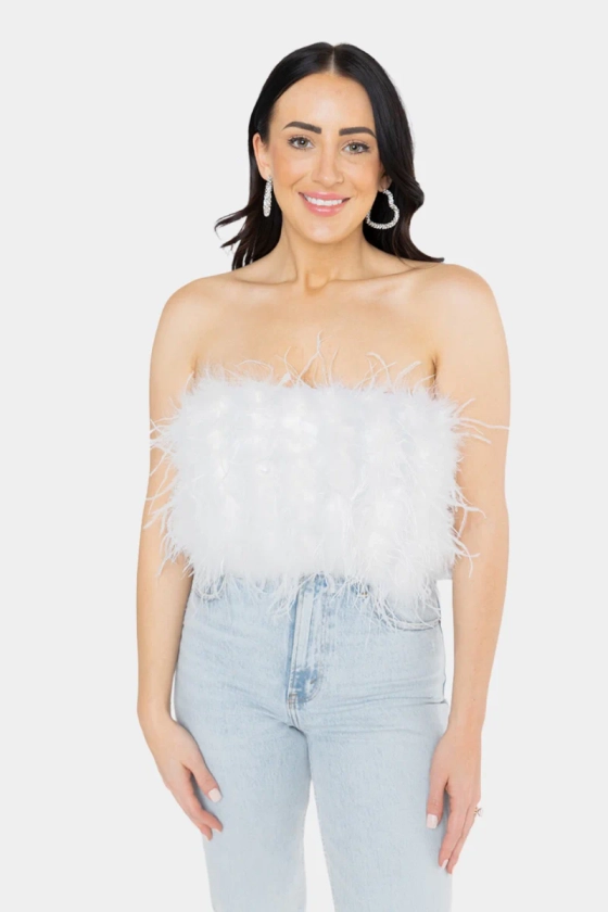 BuddyLove | Fancy Strapless Feather Crop Top | White