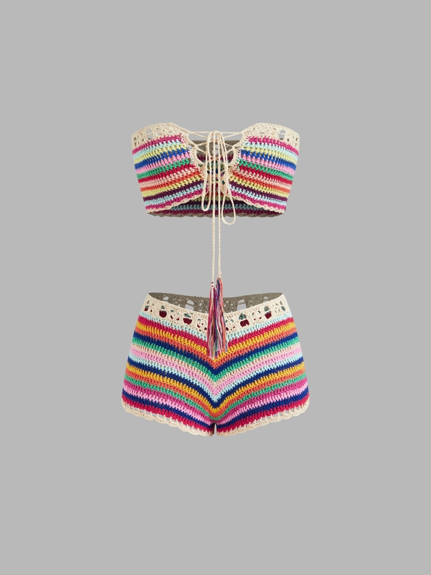 Crochet Rainbow Striped Lace Up Crop Tube Top & Low Rise Shorts For Vacation