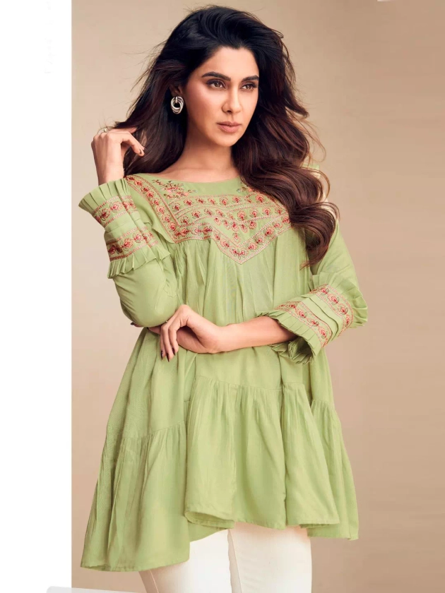 Lime Green Round Neck Fit And Flare Tunic With Embroidery Detailing | Vamika-403 | Cilory.com