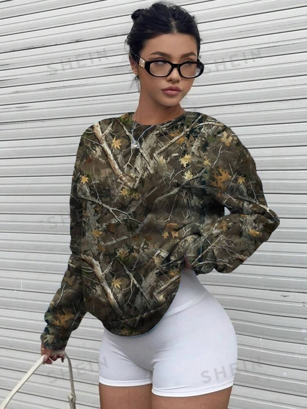 SHEIN EZwear Vintage Camo Branch Street Casual Minimalist Graphic Print Crew Neck Loose Fit Long Sleeve Sweatshirt For Women, Summer