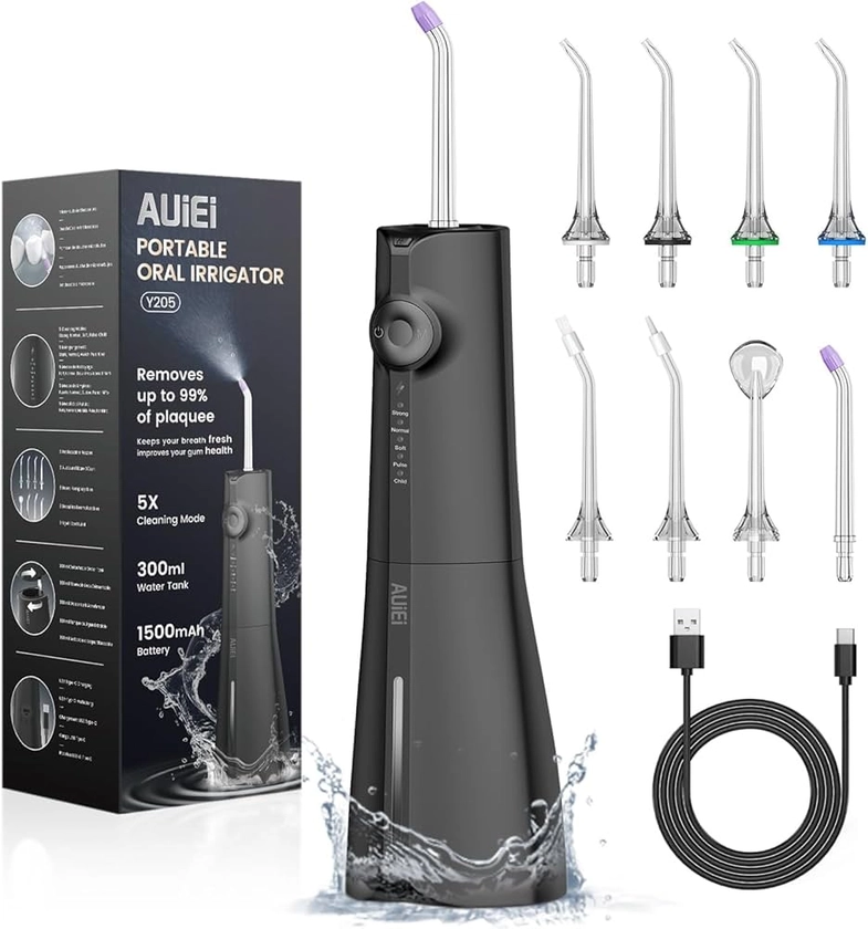 AUIEI Jet Dentaire Hydropulseur Portable Water Flosser, Irrigateur Oral 5 Modes et 8 Buses,Réservoir 300ML, USB Chargé, Étanche IPX7,Convient Gencive Sensible,Noir