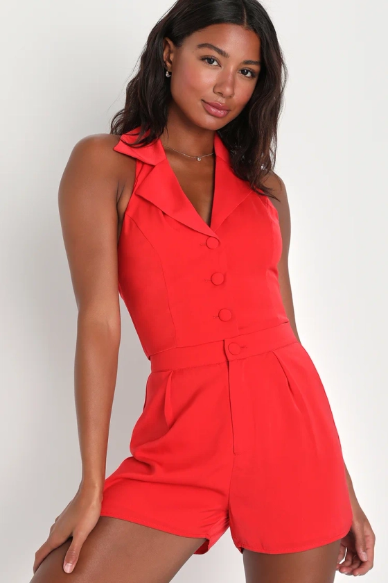 Dandy Darlin' Red Collared Button-Front Tie-Back Vest Tank Top
