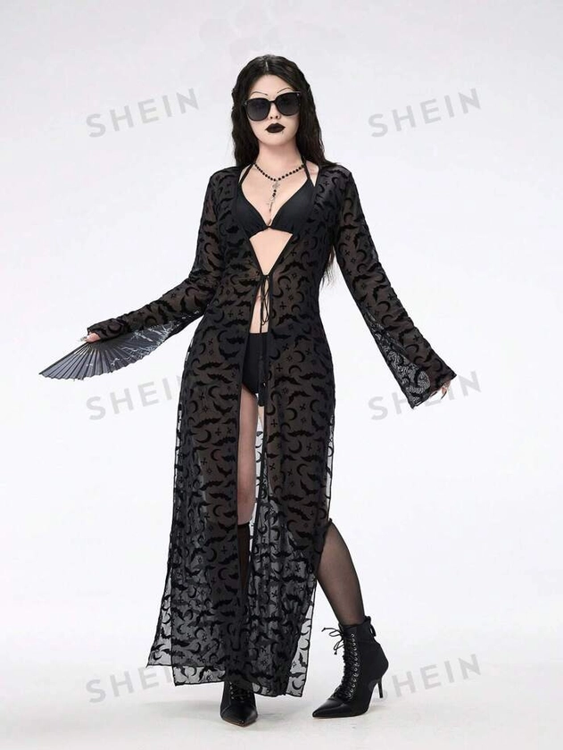 ROMWE Goth Cubierta transparente para mujer con mangas largas de murciélago y cinturón atado en la parte delantera, estilo kimono