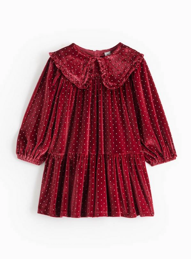 Burgundy Velour Hotfix Embellished Collared Dress 3-4 years