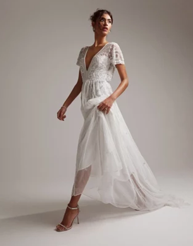 ASOS DESIGN Frankie beaded mesh plunge cap sleeve wedding dress in | ASOS