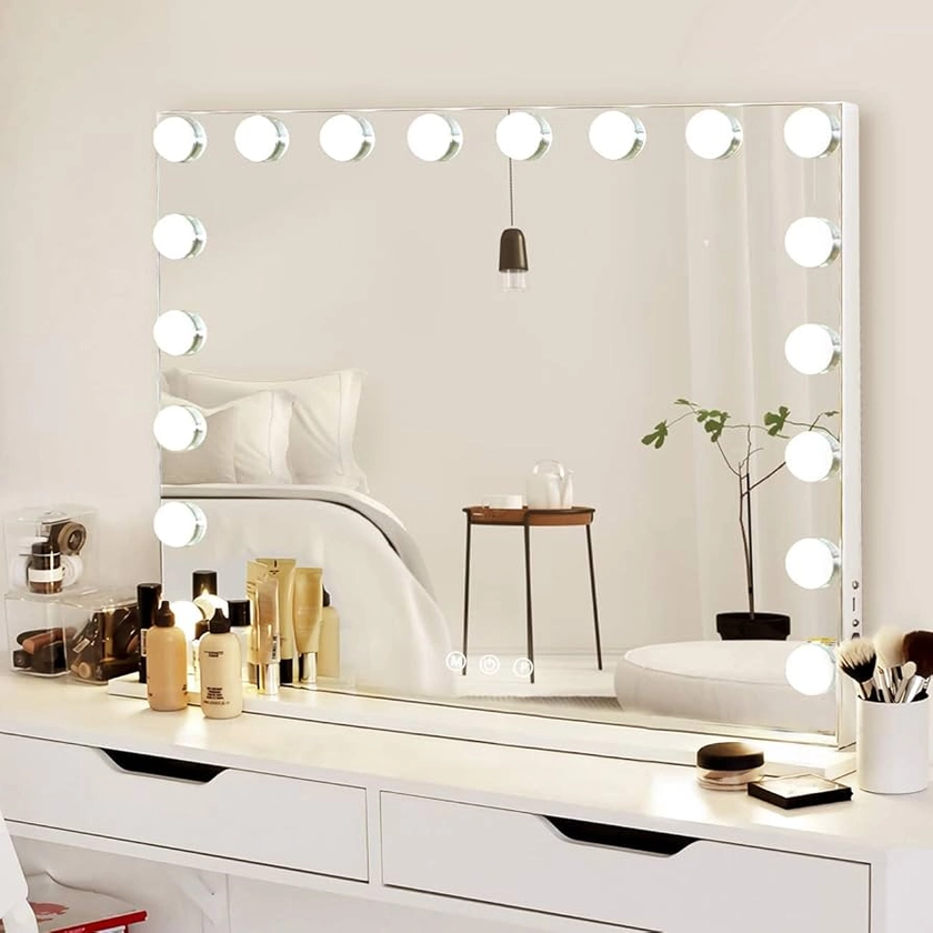 Hansong Grand Miroir Hollywood 80x60cm Miroir de Maquillage Beauté avec 18 Ampoules LED 3 Couleurs Mode d'éclairage Miroir Cosmétique avec Port de Charge USB et Loupe 10X pour Chambre