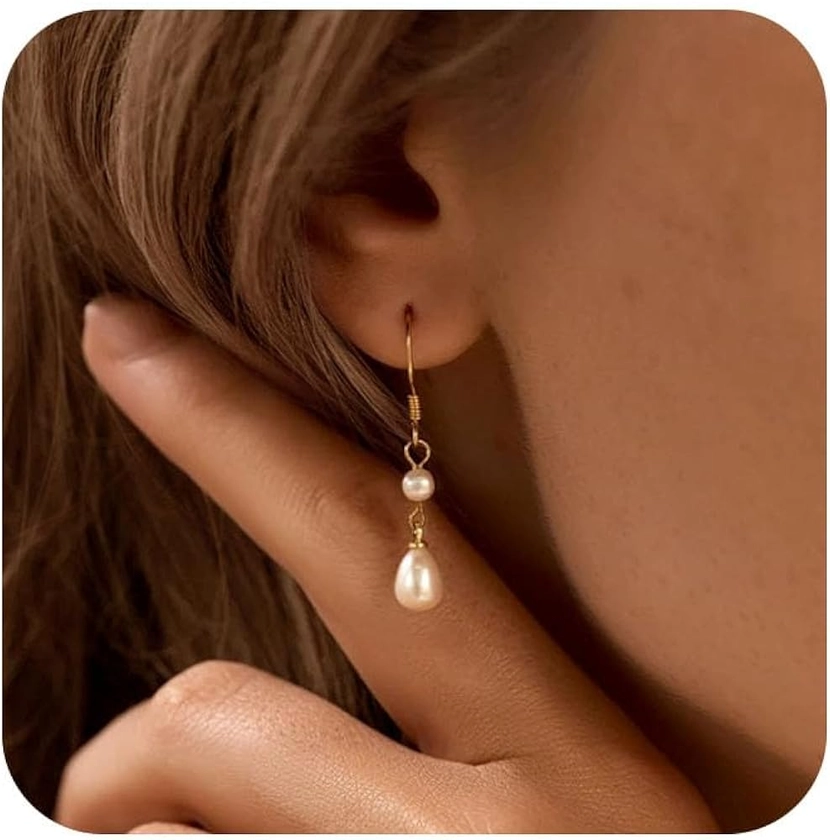 Pearl Drop Earrings for Women, Trendy 18k Gold Plated Pearl Dangle Earrings Dainty Pearl Earrings for Women Hypoallergenic Gold Tassel Earring Cute Pearl Jewelry Gifts for Her