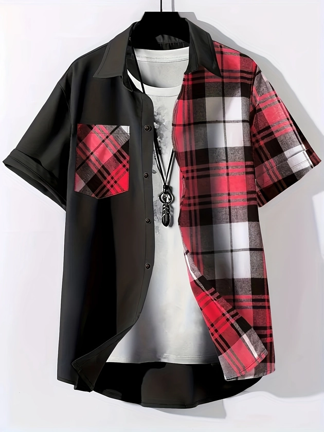 Boys Plaid Stitching Creative Shirt, Casual Short Sleeve Lapel Shirt Tops, Boys Clothes For Summer Outdoor