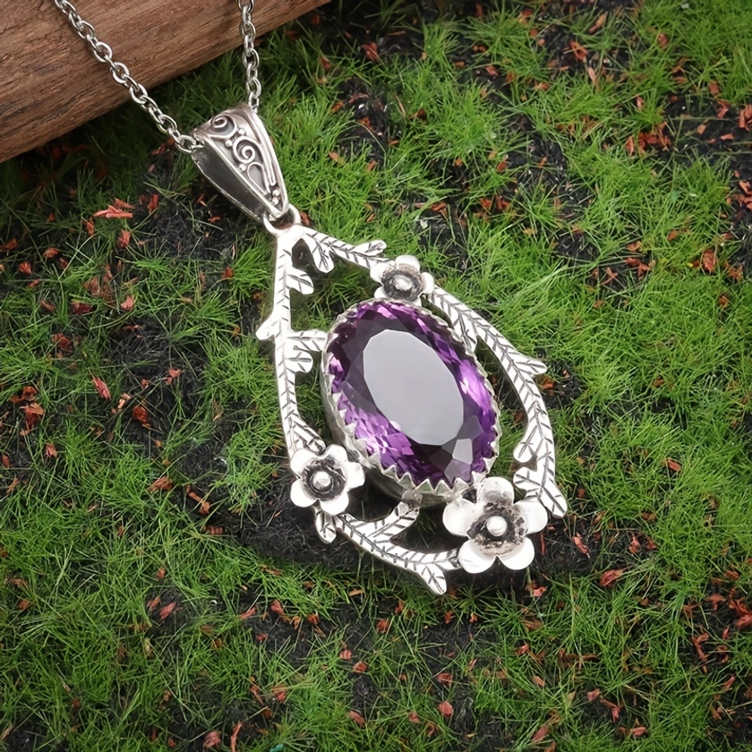 1pc Elegant Teardrop Synthetic Gemstone Chrysanthemum Pendant Necklace, Floral Pendant With Amethyst Stone, Vintage Style Jewelry For Women
