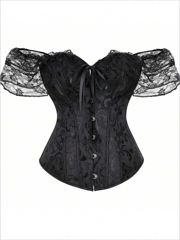 1 pieza Parte superior de corset con forma de cintura con encaje en contraste negro para mujeres