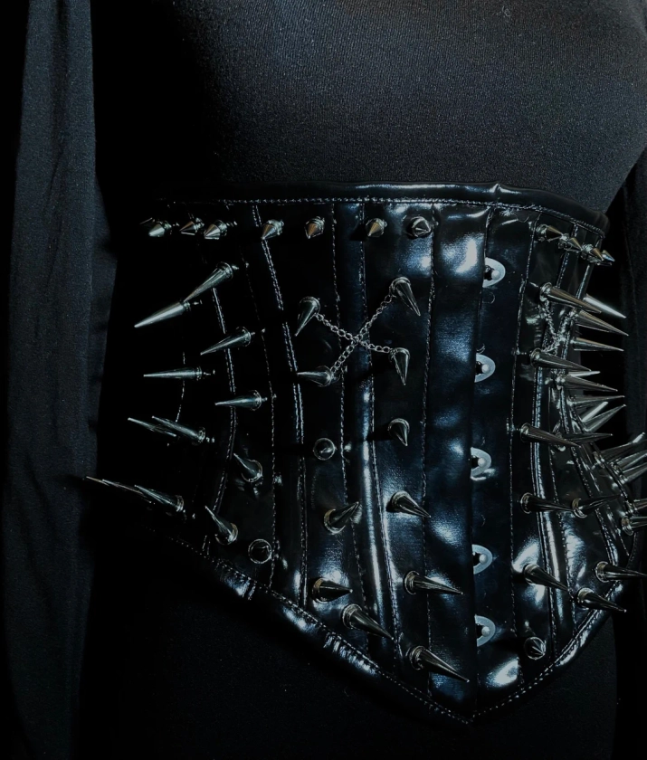 Goth PVC Spiked Leather Corset, Vinyl Black Gothic Underbust Punk Stud Rivets, Steel Boned Tight Lacing Faux Leather, Cosplay Fetishwear