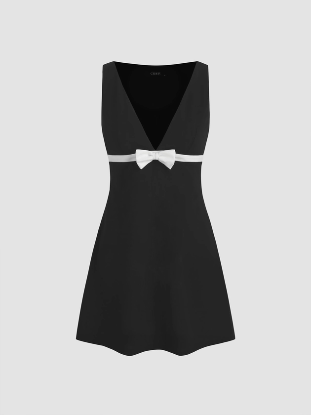 Knit Fabric V-neck Bowknot Mini Dress For Date