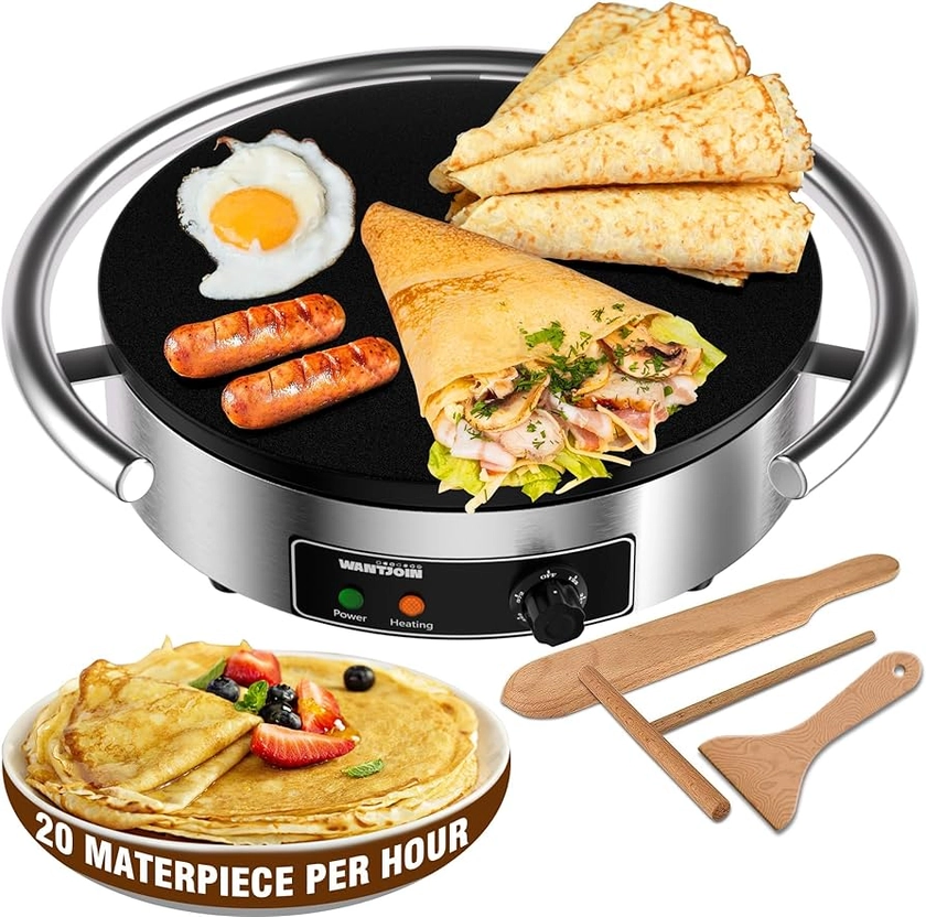WantJoin Commercial Electric Crepe Maker 16 Inch 110V Non-Stick 1700W Electric Crepe Machine Adjustable Temperature Control 403 Stainless Steel Cooking Base 1700W