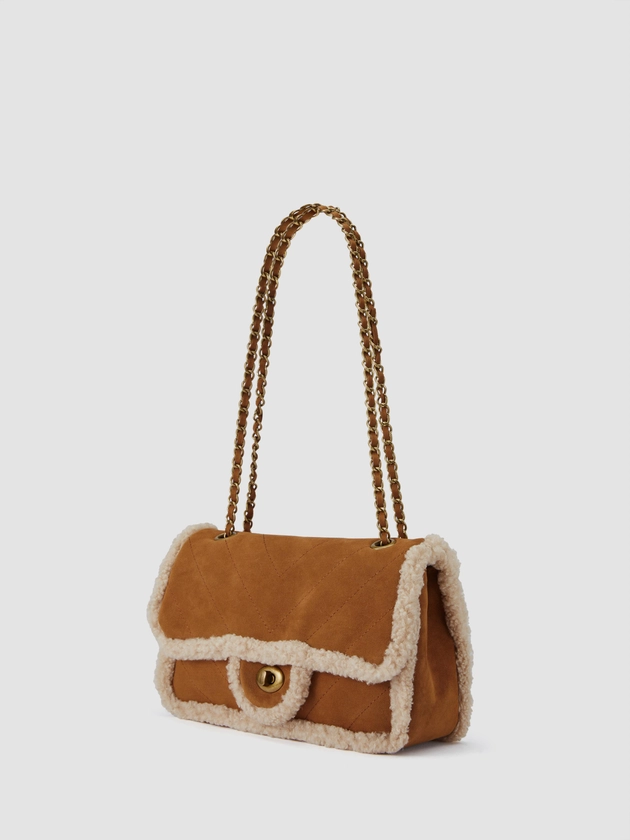 Suede FUR-LOOK TRIM SUEDE SHOULDER BAG For School Daily Casual Coffee Shop Work