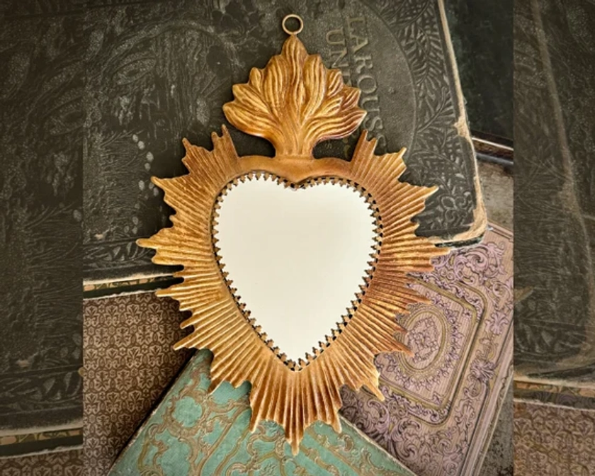 Sacred Heart Mirror, Gold Heart Sunburst Flame, Catholic Heart, Wall Hanging