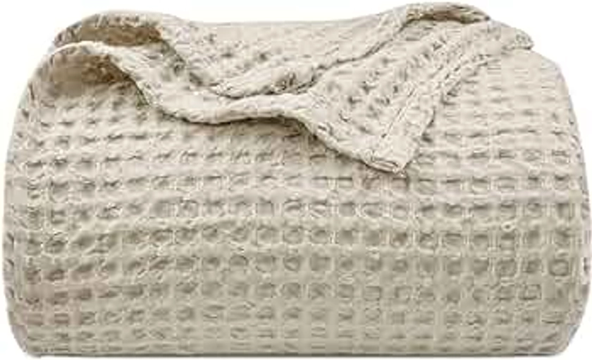 PHF Ultra Soft Waffle Weave Blanket King Size 104"x 90"- Washed Lightweight Breathable Cozy Woven Blanket Perfect for Spring Summer - Great Decor for Couch Bed Sofa Home Car - Light Khaki/Linen