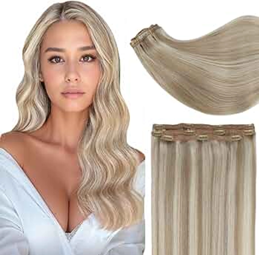 Full Shine Hair Extensions Clip in Human Hair 18 Inch Golden Blonde Highlights Medium Blonde Clip in Extensions Clip in Blonde Hair Extensions Straight Double Weft 3 Pieces 60Grams