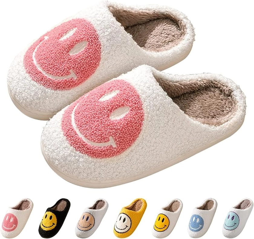 Smile Face Slippers for Women, Soft Plush Smile Slippers Retro Preppy Slippers with Smile Face Happy Face Slippers Slip-on Cozy Indoor Outdoor Slippers