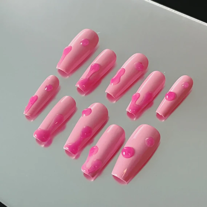 3D Pink Water Drops on Pink Long Coffin Press on Nails, Custom Fake/false Nails, Gothic/y2k Nail Tips, Holiday Nail Set, Gift for Her/bff - Etsy