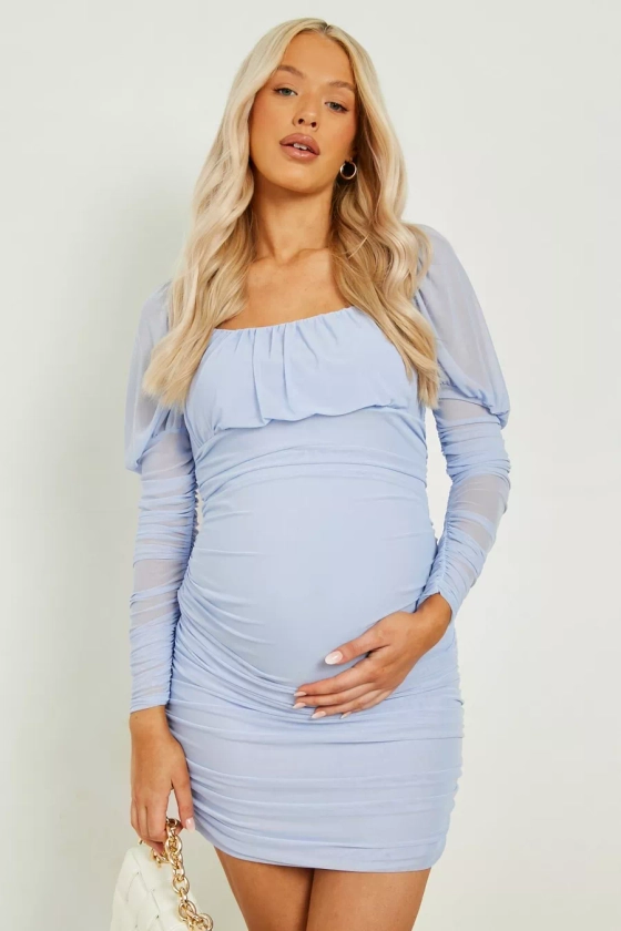 Maternity Puff Sleeve Ruched Mesh Mini Dress