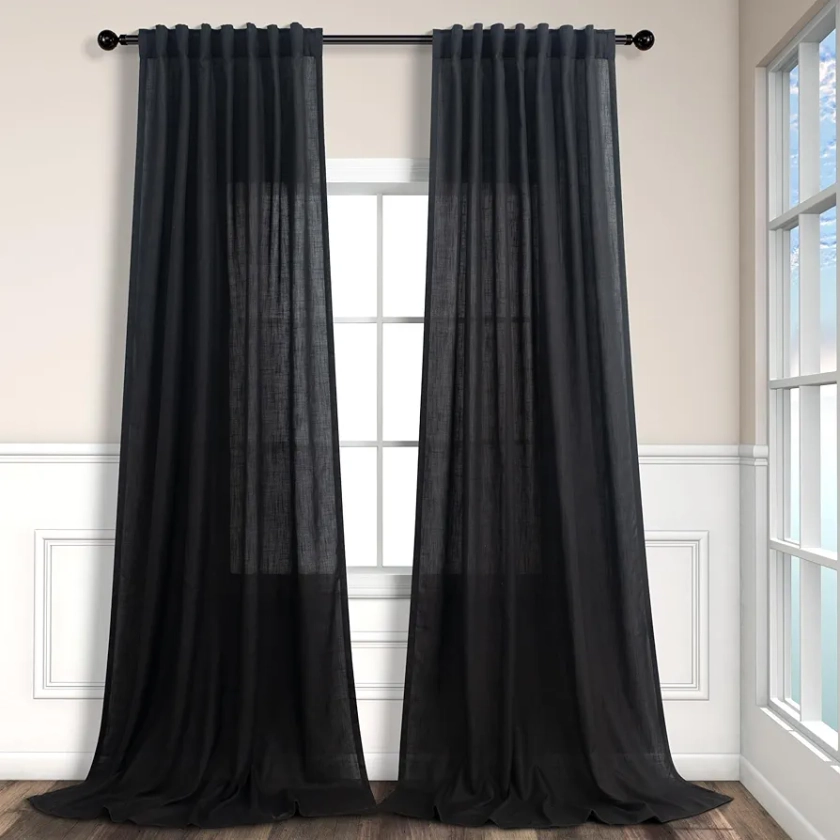 Pitalk Black Linen Curtains 90 Inches Long for Dining Room 2 Panels Pair Back Tab Pocket Modern Drapes Lace Muslin Textured Semi Sheer Curtains for Bedroom Gaming Dorm Office Wedding Party Decoration