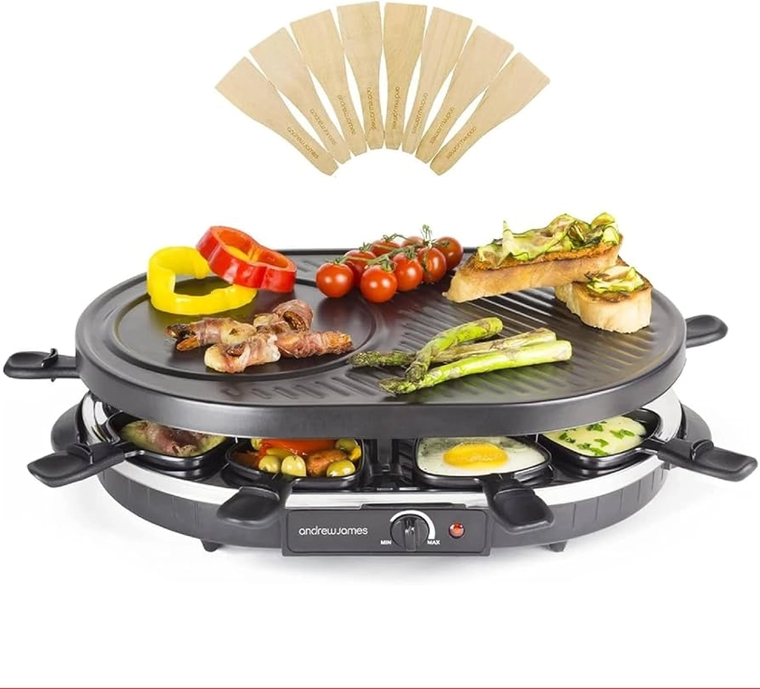 Andrew James 8 Person Traditional Raclette Grill with 8 Pans & Spatulas | Adjustable 1200W Thermostatic Control | Easy Clean Non-Stick Surfaces | Perfect for Parties and Indoor Use