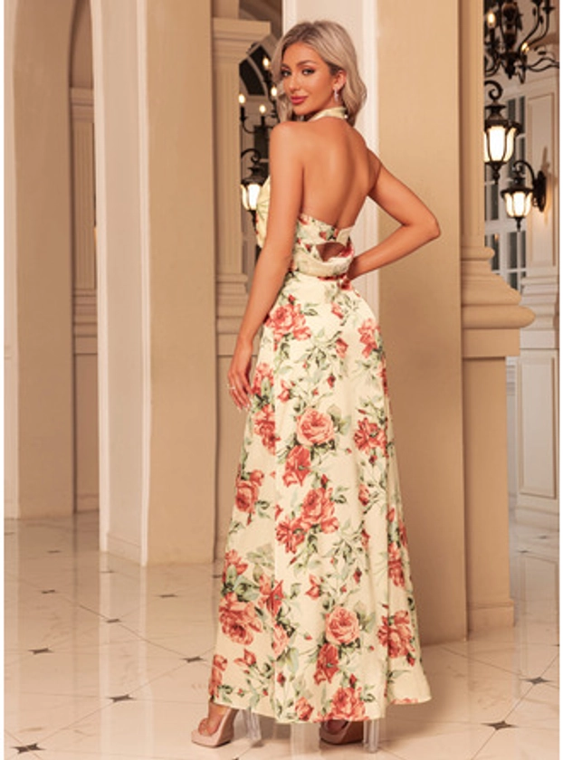 [US$ 49.00] Flower Floral Print High Neck Elegant A-line Satin Maxi Dresses (295300955)