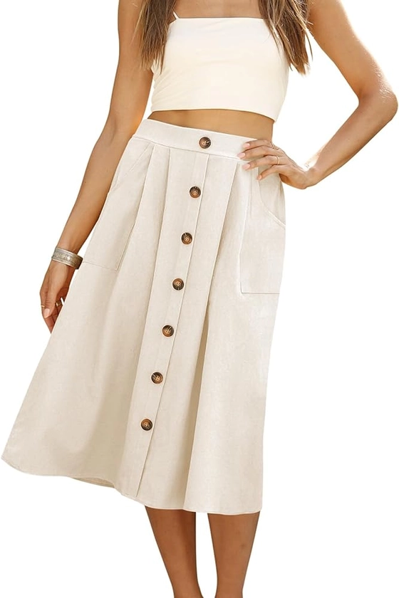 Naggoo Women's Polka Dot Midi Skirts Casual High Elastic Waist A Line Pleated Midi Chiffon Skirts with Pockets